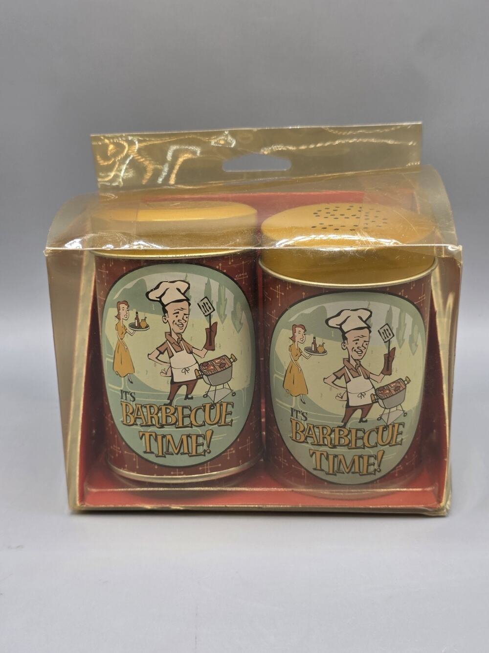 Charcoal Companion Its Barbecue Time Salt and Pepper Shakers NIB Retro Tin Set